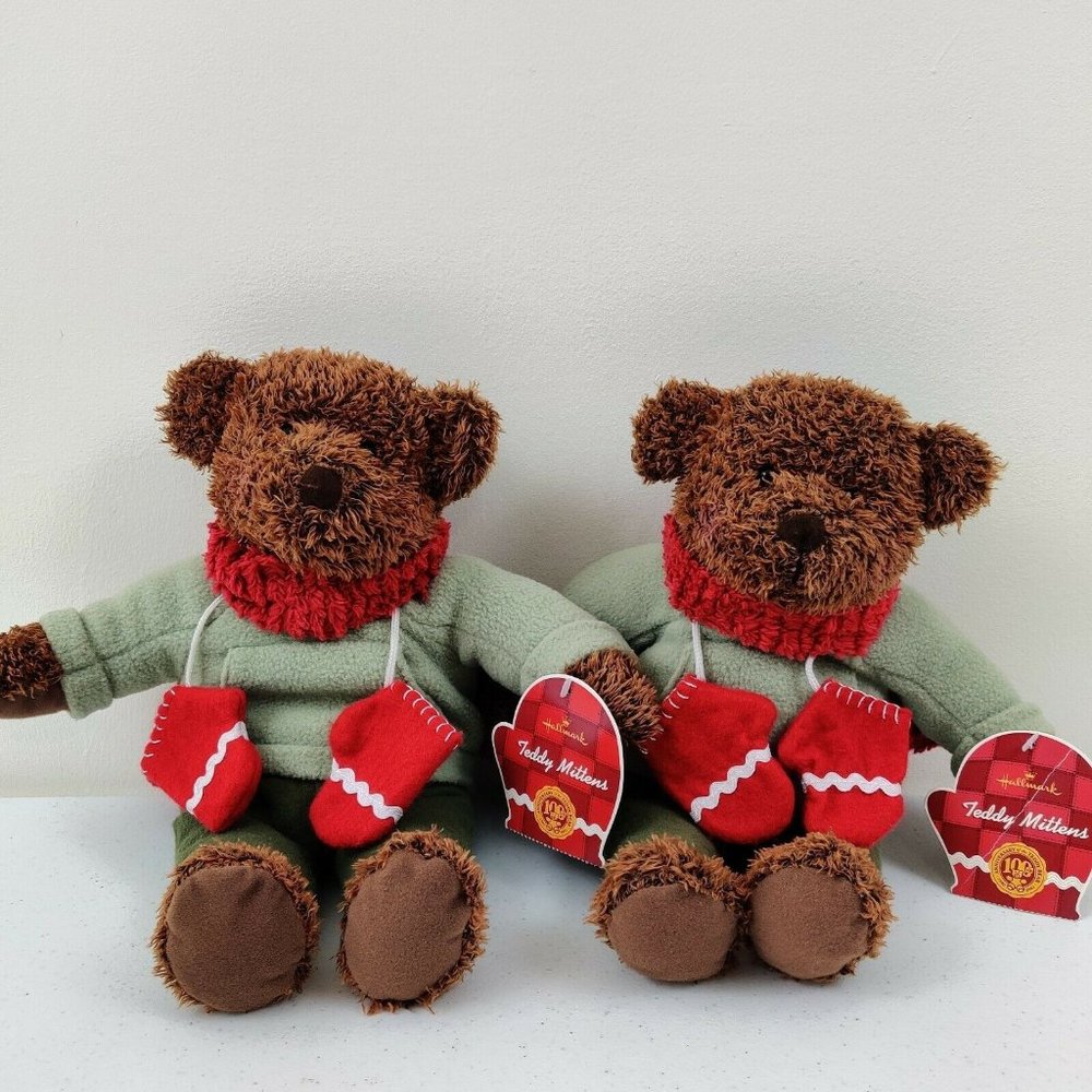 2 HALLMARK Plush 12" Teddy Bears with Winter Scarf & Mittens 100th Ann.